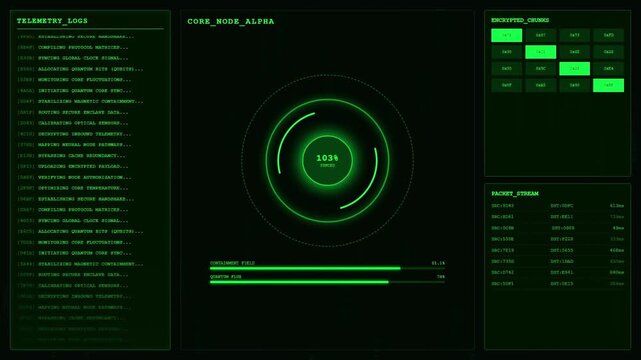 Core Node Alpha Quantum Sync Telemetry Dashboard Animation Green Encrypted Cyber Loop.