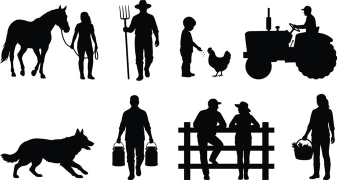 Farm life and agriculture silhouettes set featuring farmers tractor livestock and rural countryside activities