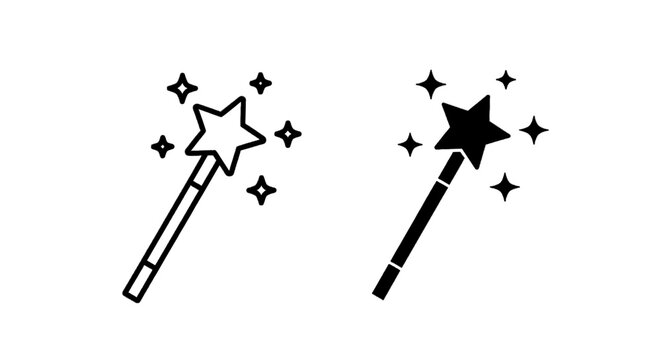 Minimal black silhouette icon, simple flat vector, bold black shape, no gradients, no shading magic wand icon set, vector illustration of wizard wand with stars on a, flat icon style