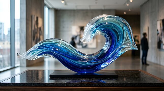 Ocean Wave Sculpture: Modern Glass Art in a Gallery Setting