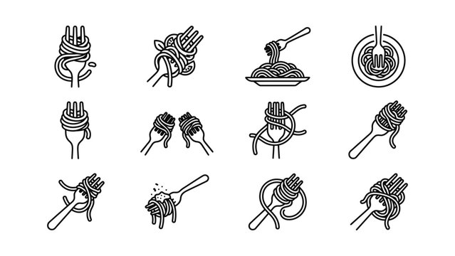 Spaghetti Fork Icons Collection Italian Food Pasta Meal Line Art Graphics