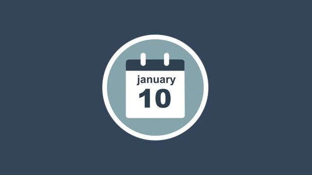 January 10 Date - modern calendar showcase within circle - blue background. Calendar date january 10 icon animation with flat design, schedule reminder, event planning and appointment concept.