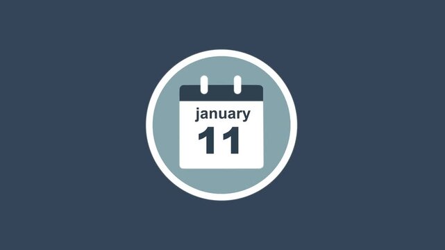 January 11 Date - modern calendar showcase within circle - blue background. Calendar date january 11 icon animation with flat design, schedule reminder, event planning and appointment concept.