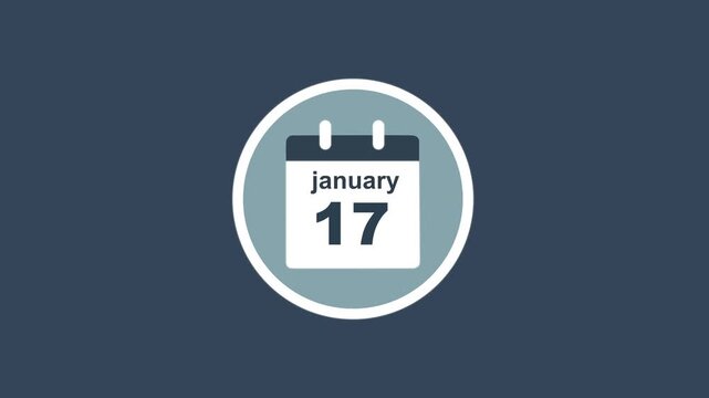 January 17 Date - modern calendar showcase within circle - blue background. Calendar date january 17 icon animation with flat design, schedule reminder, event planning and appointment concept.