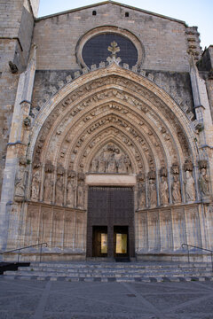 Detail of the facade of the Basilica of Santa Mar&iacute;a, Castello de Ampuries, Girona