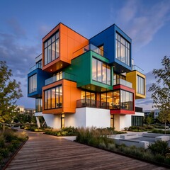 Obraz premium Modern colorful stacked residential building with walkway