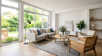 Fototapeta premium Modern living room with natural light, stylish furniture, and garden view