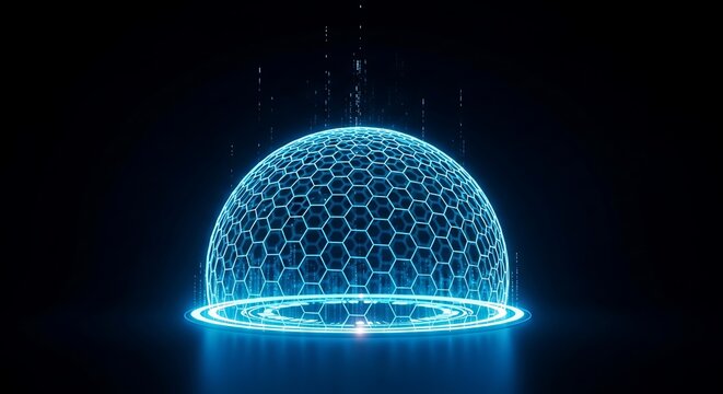 Futuristic digital hologram sphere with glowing hexagonal pattern in dark setting