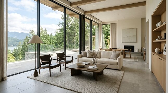 Modern Living Room with Panoramic Ocean and Forest Views, Natural Light