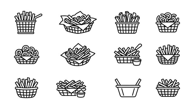 French Fries Icon Set Fast Food Basket Snacks Vector Graphics