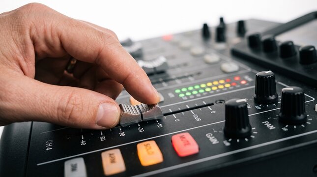 Hand adjusting slider on audio mixer console with VU meters lit up backstage and behind the scenes Behind the scenes tournament