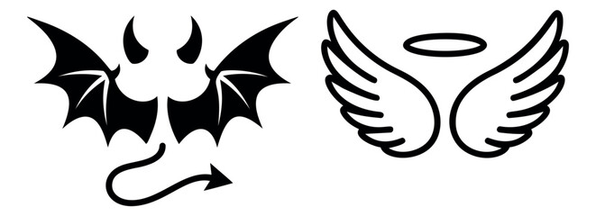 Naklejka premium Silhouette and outline icon set of 2 featuring devil wings with horns and tail alongside angel wings with halo for good versus evil design