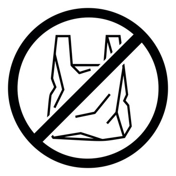Outline illustration of no plastic bag sign depicting prohibition symbol for environmental and eco design