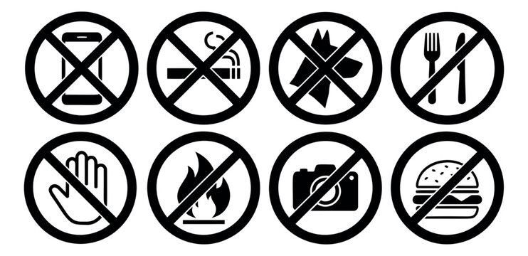 Flat icon set of 8 prohibition signs featuring no smoking, no food, no photos and no touching symbols for rules and regulations design