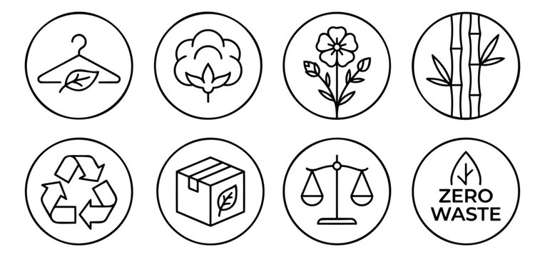 Outline icon set of 8 sustainable fashion and eco friendly symbols featuring cotton, bamboo, recycling and zero waste concepts for green design