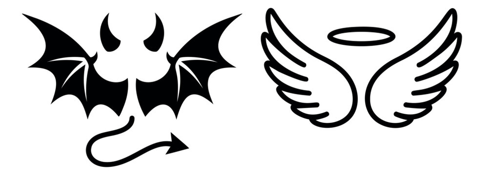 Silhouette and outline icon set of 2 featuring devil wings with horns and tail alongside angel wings with halo for good versus evil design