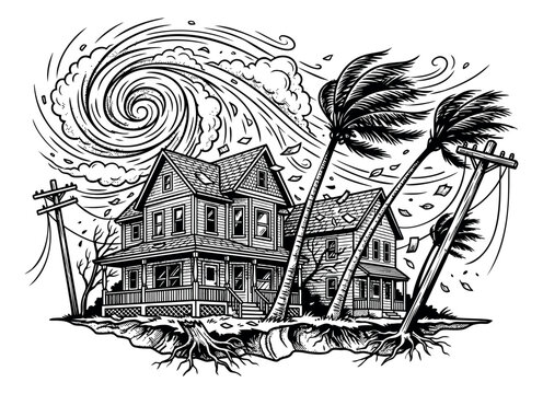 Woodcut illustration of hurricane storm depicting wind damage to houses and palm trees for weather disaster design