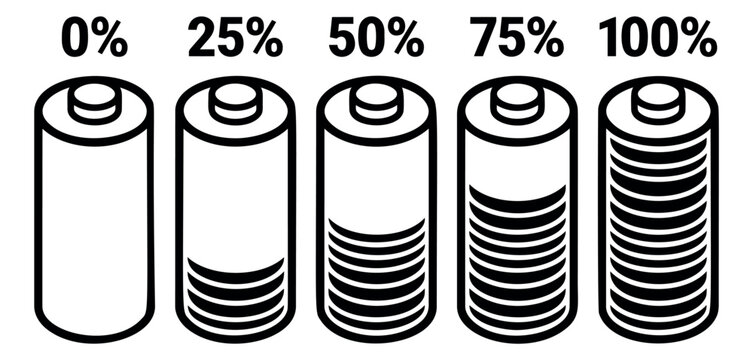 Outline icon set of 5 battery charge levels featuring empty quarter half three quarter and full indicators for energy and technology design