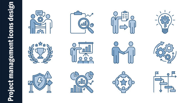 Project management and agile icon set. Vector collection including Kanban, roadmap, workflow, revenue model, process flow, strategy, sprint, iteration, scrum and more symbols.
