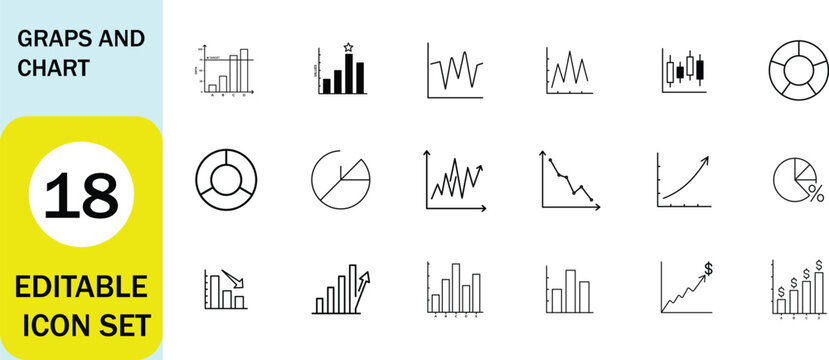 Graphs and Chart line style icon set. Bar chart, line graph, pie chart, scatter plot, funnel, radar chart, analytics, statistics. Editable stroke. Vector illustration