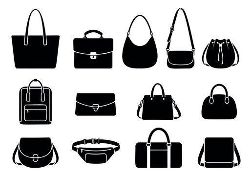 Silhouette icon set of 12 bags featuring tote, briefcase, backpack, crossbody, clutch and duffle styles for fashion design