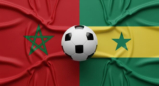Close-up of a soccer ball between Moroccan and Senegalese flags with vibrant colors and fabric textures