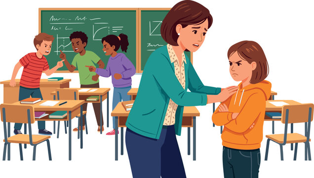 Concerned female teacher comforting upset schoolgirl while student argument conflicts in classroom flat vector illustration concept