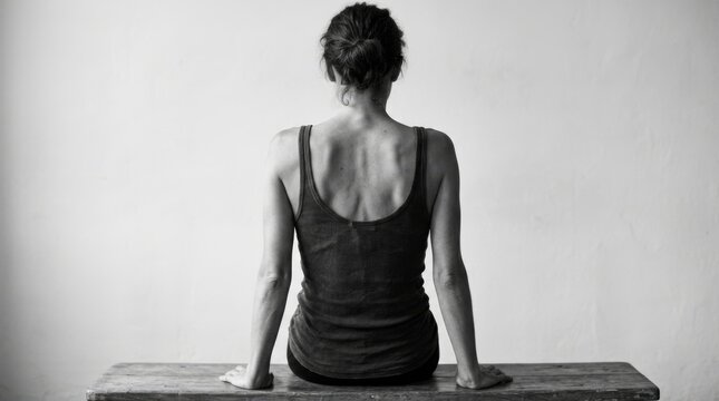 Woman with back to camera, wearing jeans. Female bare back, partially dressed, with long dark hair. Pensive woman with exposed skin and copy space