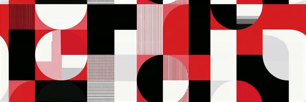 Abstract geometric seamless pattern with black red white shapes.  Modern minimalist repeating design showcasing geometric shapes