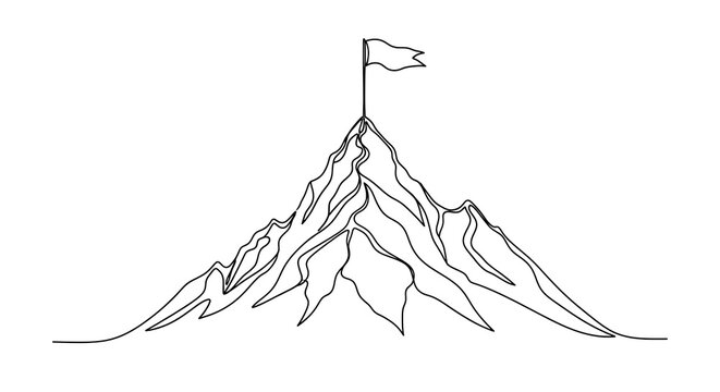 Continuous line drawing of a mountain peak with a flag at the summit representing success and achievement on a white background