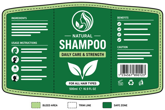 Natural shampoo bottle label design with green leaves Vector