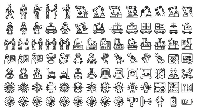 A collection of various icons featuring people, objects, and symbols arranged in rows on a white background.