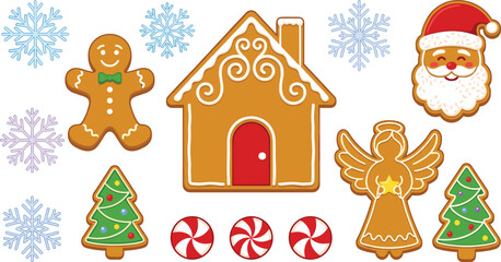Naklejka premium Christmas Gingerbread Cookie Collection Set with Santa Claus Gingerbread House Angel Christmas Tree Candies and Winter Holiday Biscuit Decorations