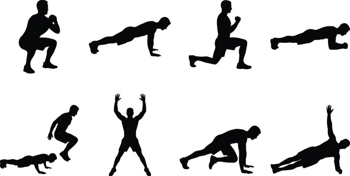 Fitness Exercise Black Silhouette Bundle Bodyweight Workout Training Poses Vector Collection Isolated on White