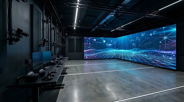 Immersive technology room with large curved LED screen displaying digital network data and workstations in the foreground. This futuristic space, possibly a data visualization or VR lab.