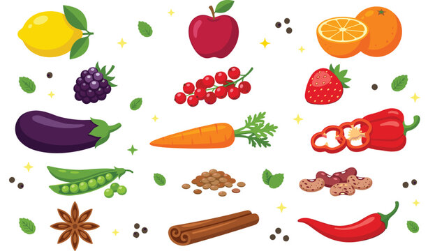 Fresh Fruits Vegetables and Spices Collection Set with Apple Orange Strawberry Eggplant Carrot Herbs and Healthy Food Ingredients