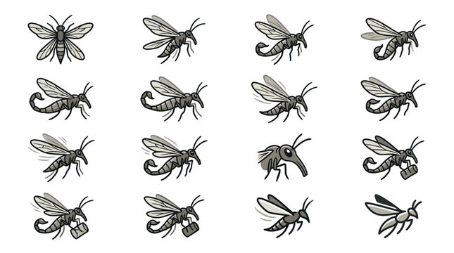 Gray flying insect icons and sketch collection.