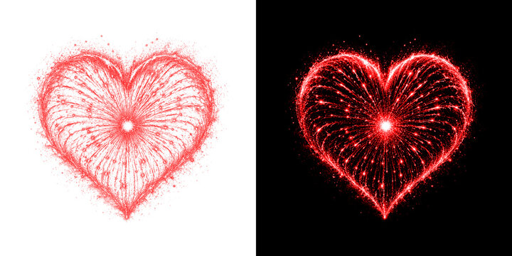 Red heart shaped firework exploding on black background with copy space for celebration and love concepts.