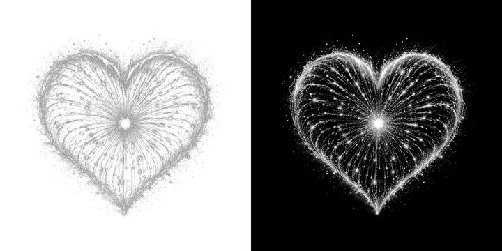 White heart shaped firework exploding on transparent background with copy space for celebration and love concepts.