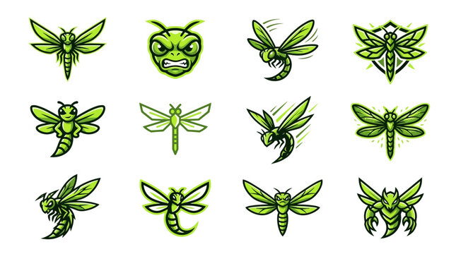 Green insect and dragonfly esports mascot logos.