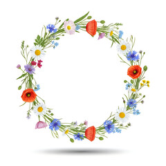 Fototapeta premium Colorful wreath of hand drawn flowers and leaves in circle shape