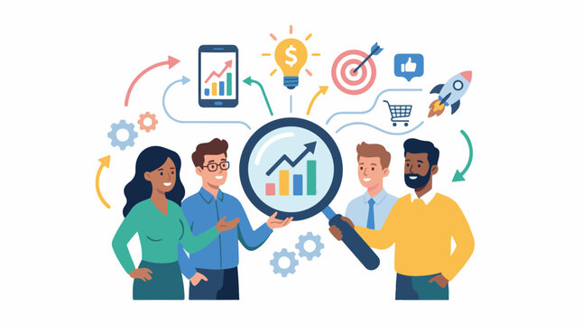 A colorful illustration of four people looking at a magnifying glass with a graph