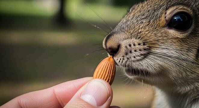 Close-up of a squirrel taking an almond from a hand