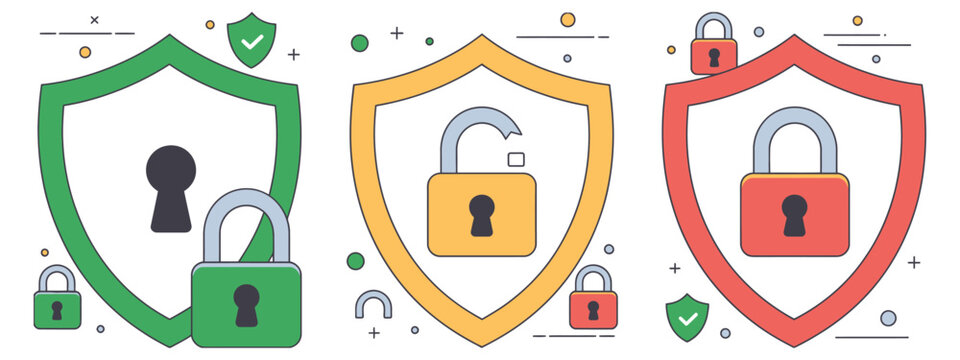 Cyber security shield and padlock vector illustration featuring data protection levels, safety status, system clearance, authorization dashboard, secure access, privacy monitoring