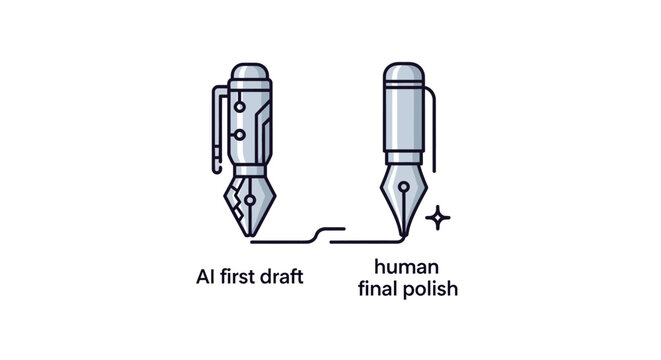 AI first draft vs human final polish illustration, comparison of technology and creativity