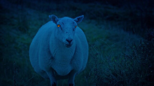 Creepy Sheep With Glowing Eyes Looking Forward