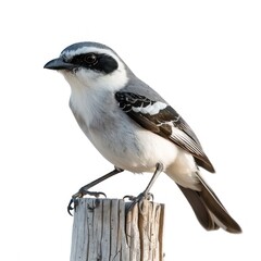 Fototapeta premium A gray and white bird perched on a wooden post, showcasing a serene moment in nature, with a focus on avian life and its detailed features.