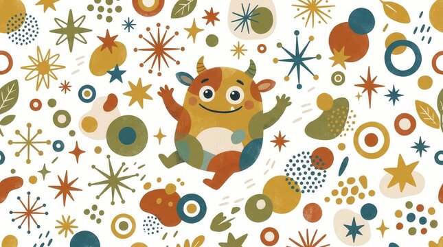 Cheerful horned monster bouncing playfully surrounded by various stars, circles, and leaves