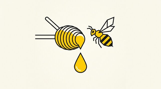 Honey bee and dripping honey dipper isolated