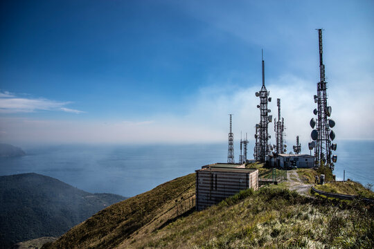 Monte Fasce telecommunication towers and sea view in Genoa, Italy